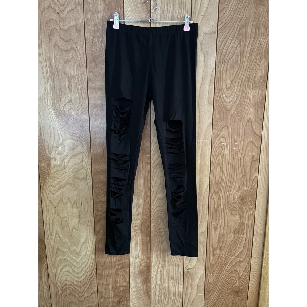 Two Hearts Distressed Shredded Leggings Black Cotton‎ Spandex Size L